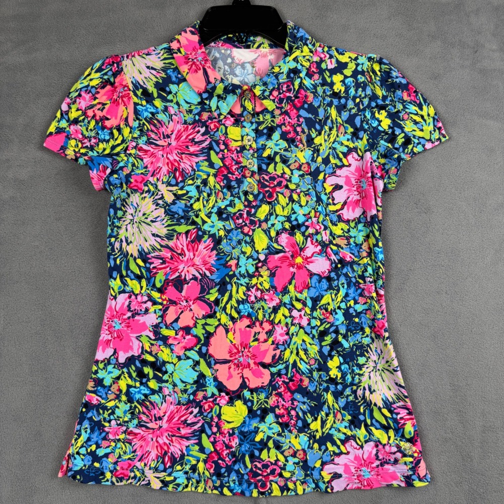 Lilly Pulitzer Meryl Nylon Floral Polo Shirt Navy Pink Blue Style 008582 Small